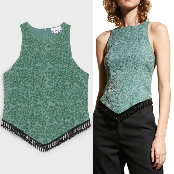 Ganni Tops - Ganni Bead Embellished Jacquard Organza Top in Myrtle Green